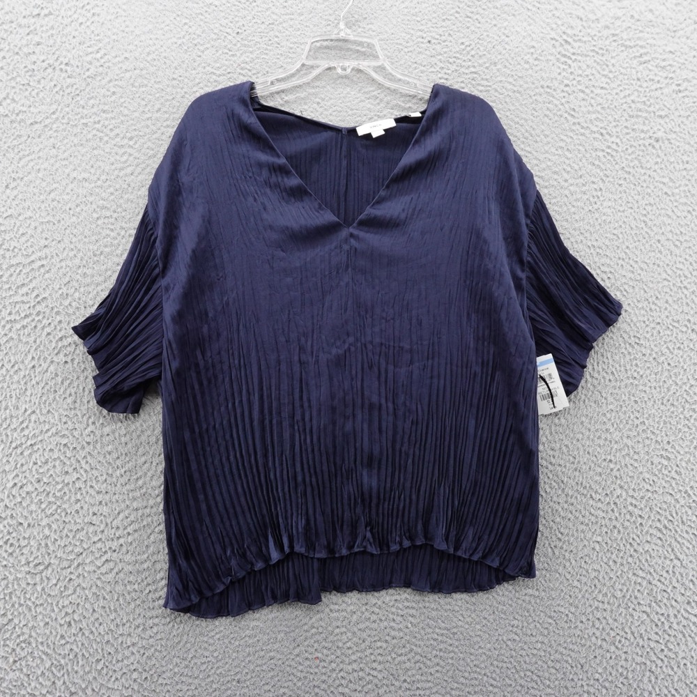 Vince Navy Blue Crinkle VNeck Short Sleeve Blouse Women Top‎ Large NEW